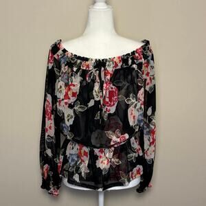 White House Black Market Peasant Blouse Women's M Black Floral Bohemian